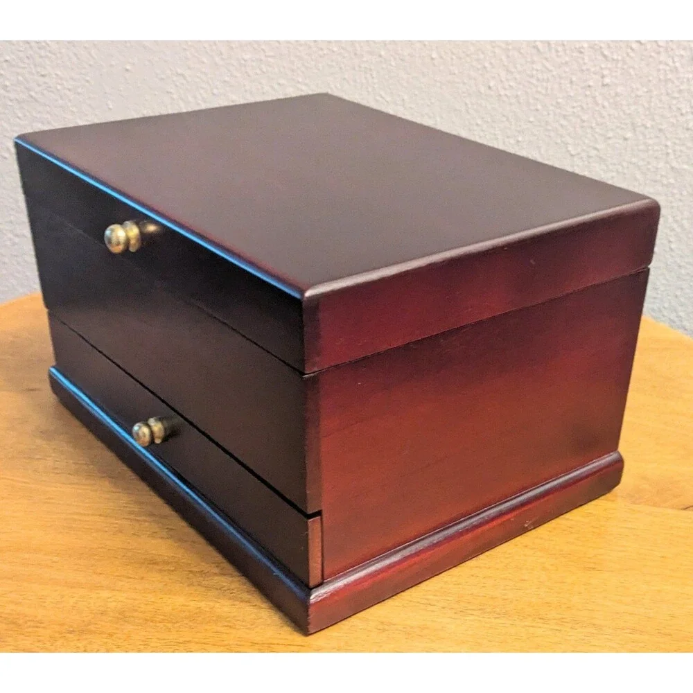 Wooden Jewelry Box Hinged Mirror Velvet Lined 2 Compartments Pull Out Drawer